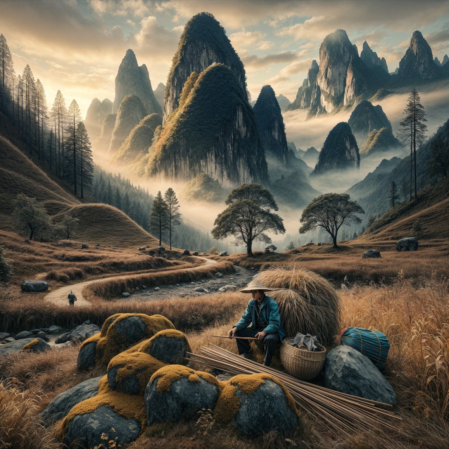 Serene Landscape with Mountains and Traditional Weaver