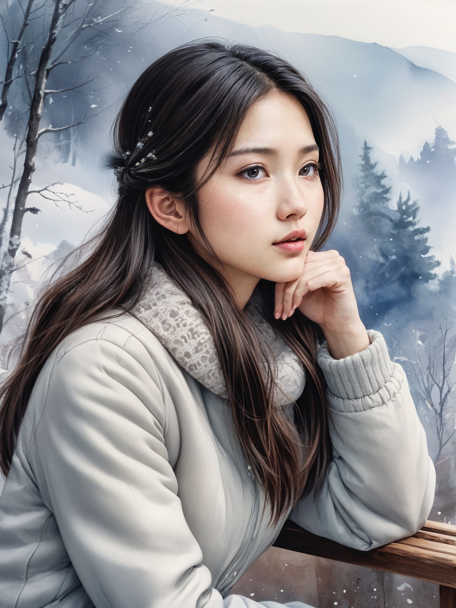 Serene Portrait of a Young Woman in Winter Landscape