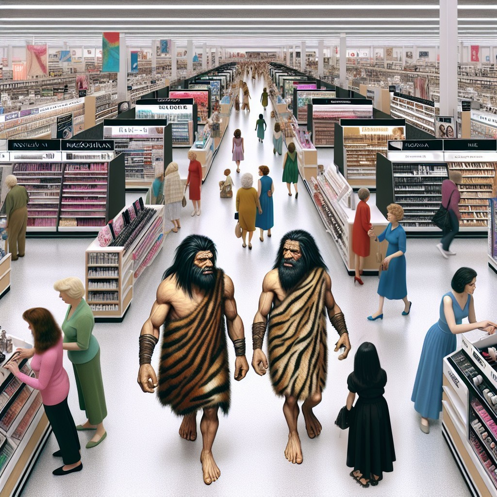 Cavemen in Grocery Store Highlighting Cultural Evolution