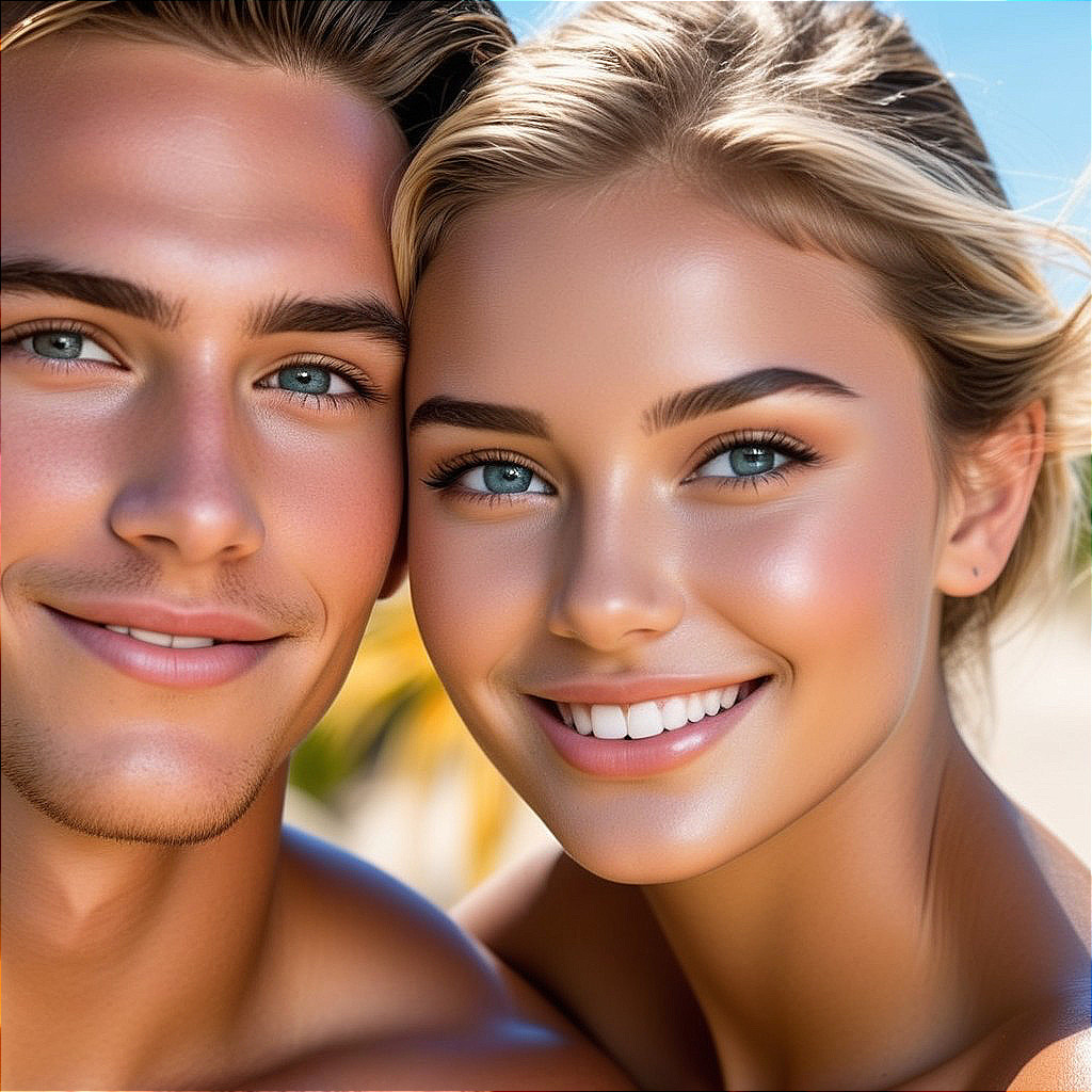 Close-Up Portrait of a Smiling Young Couple at Beach