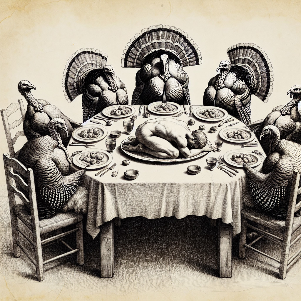 Surreal Dining Scene with Anthropomorphic Turkeys