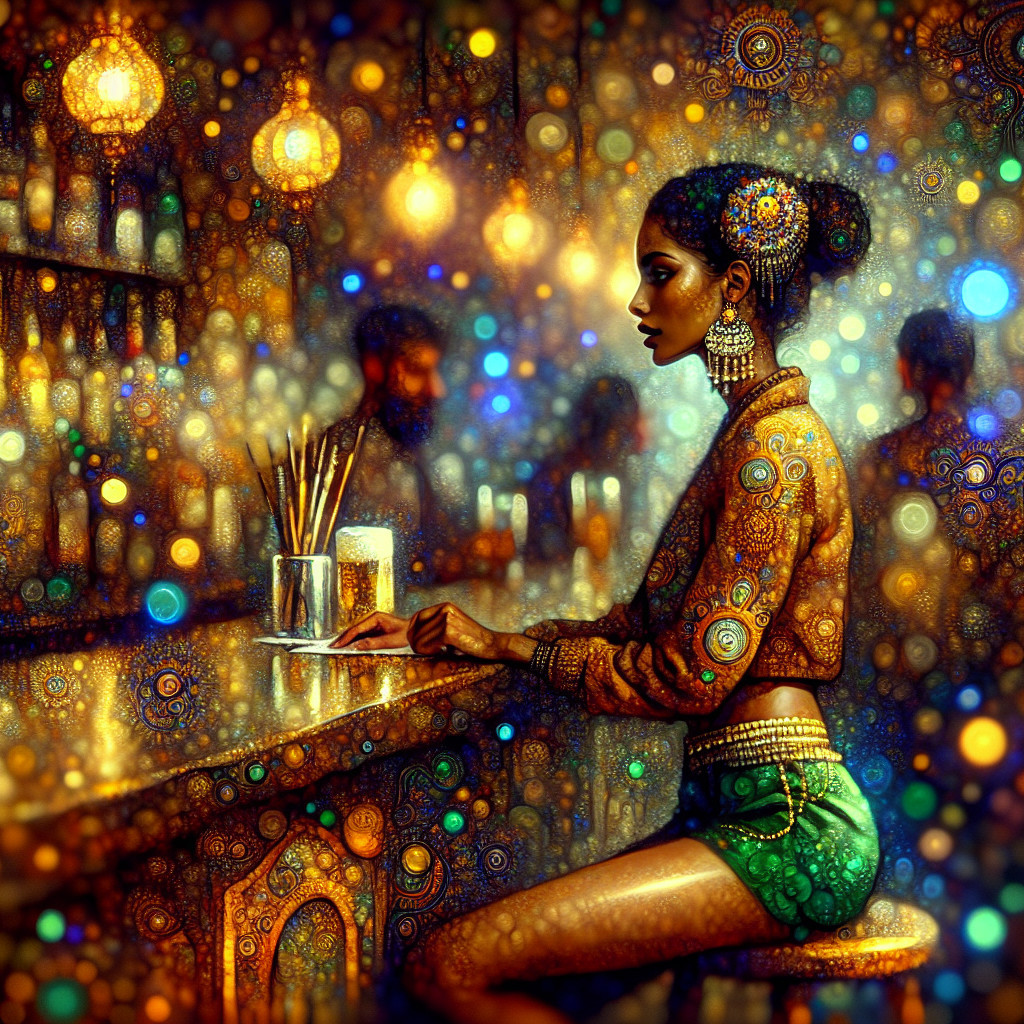 Adorned Woman in a Colorful Bar Atmosphere