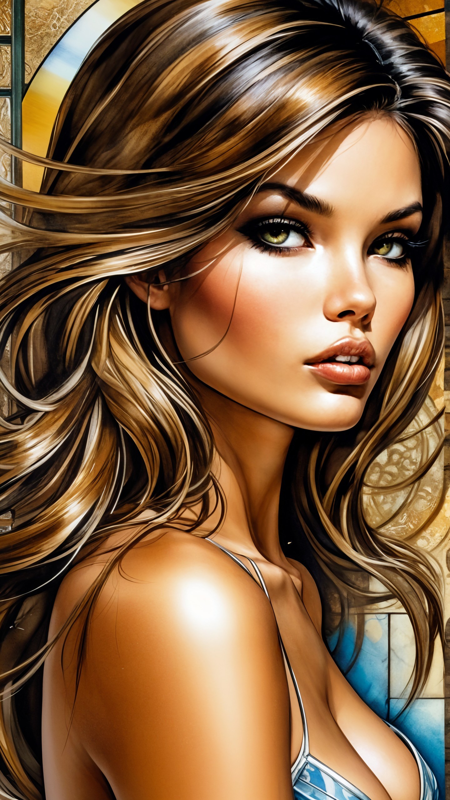 Striking Woman with Flowing Hair and Green Eyes