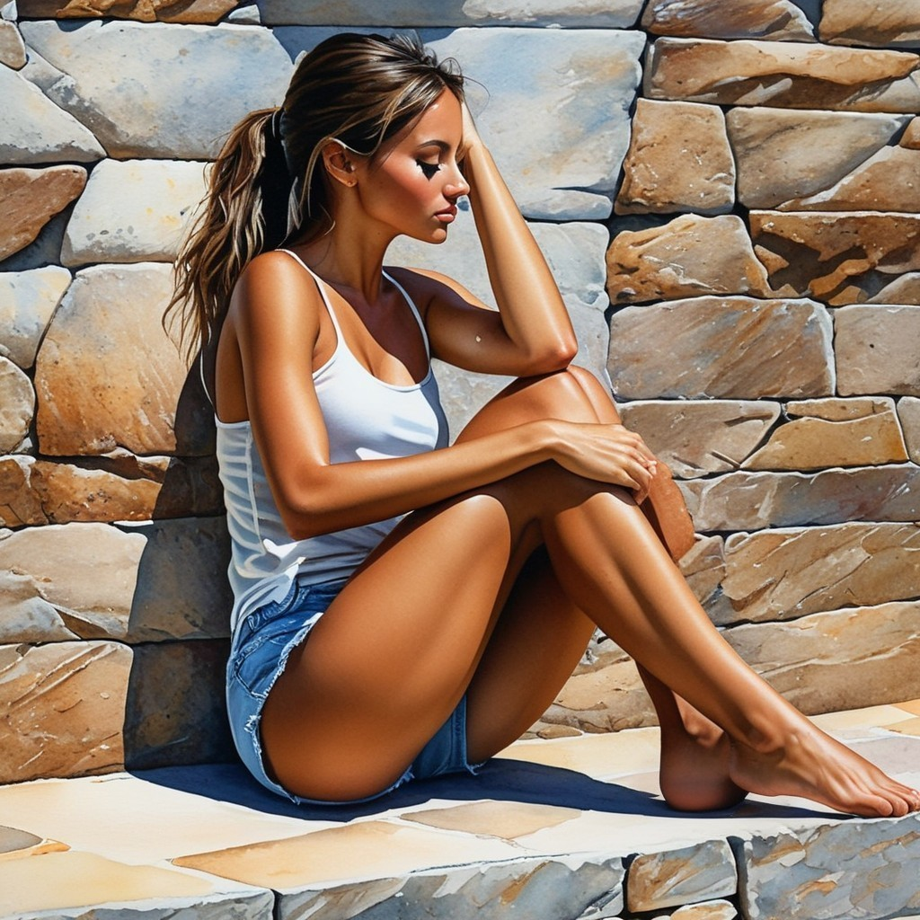 Young woman in introspective pose by stone wall