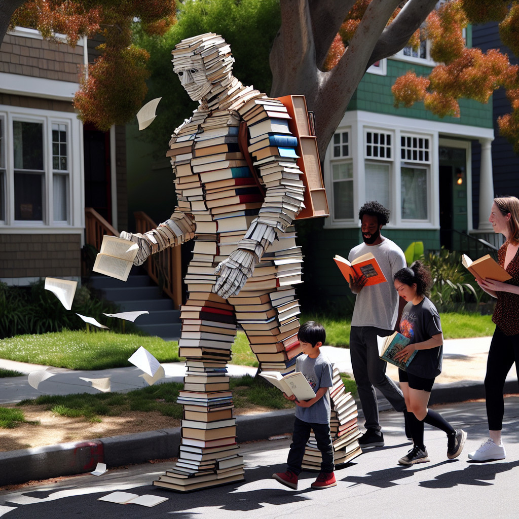 Book Figure Walking with Enthusiastic Crowd in Neighborhood
