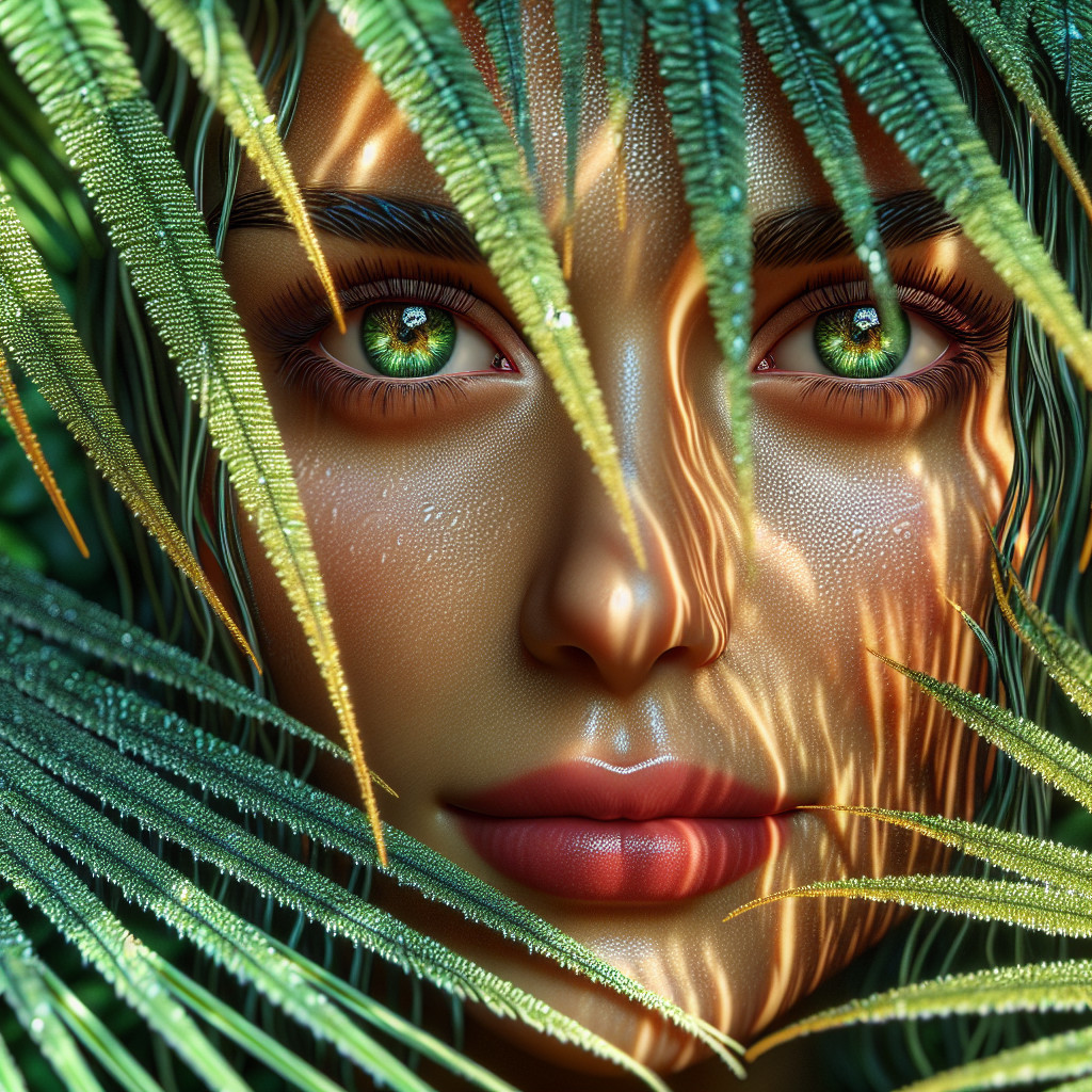 Portrait of a woman surrounded by palm leaves and sunlight
