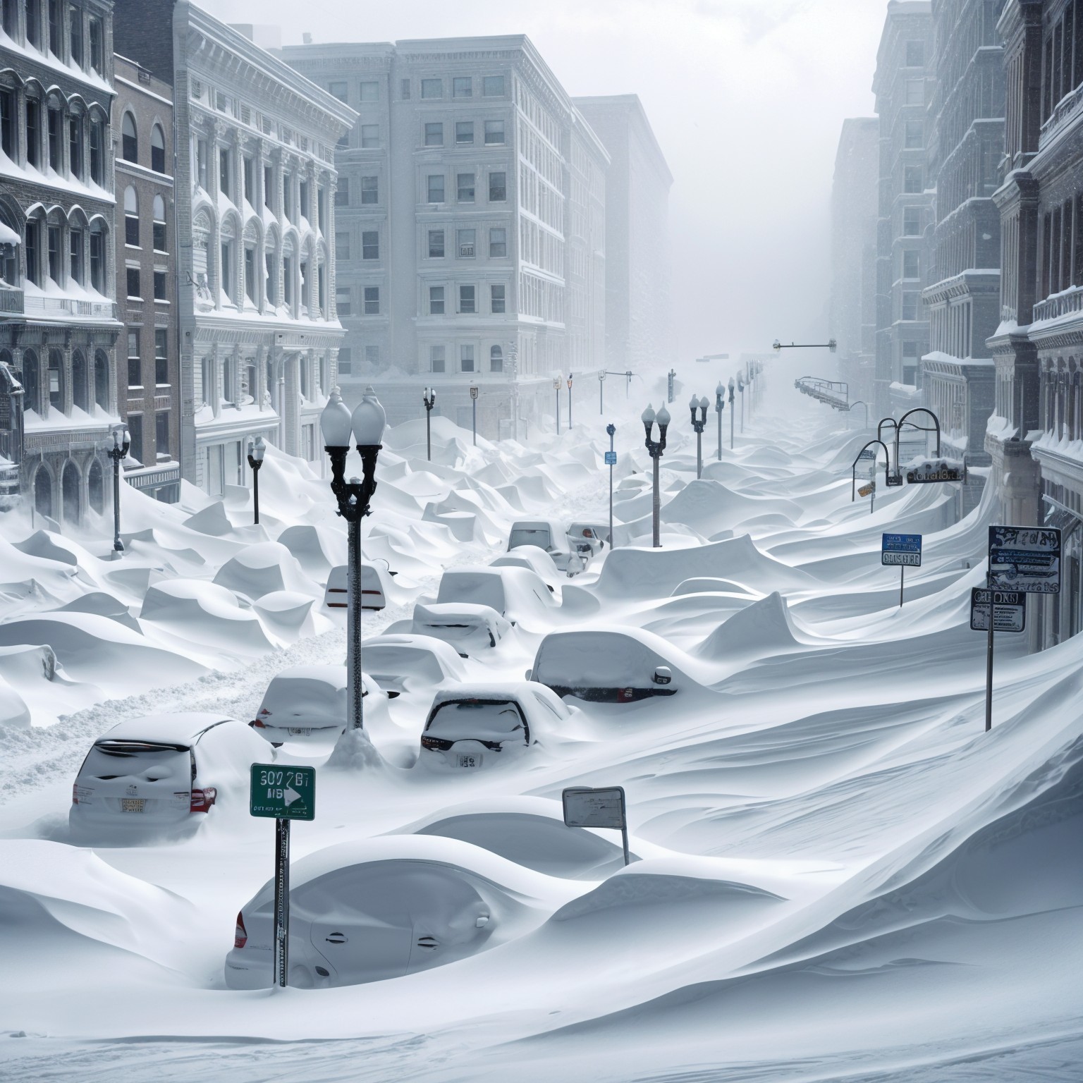 City Street Covered in Deep Snow During Winter Storm