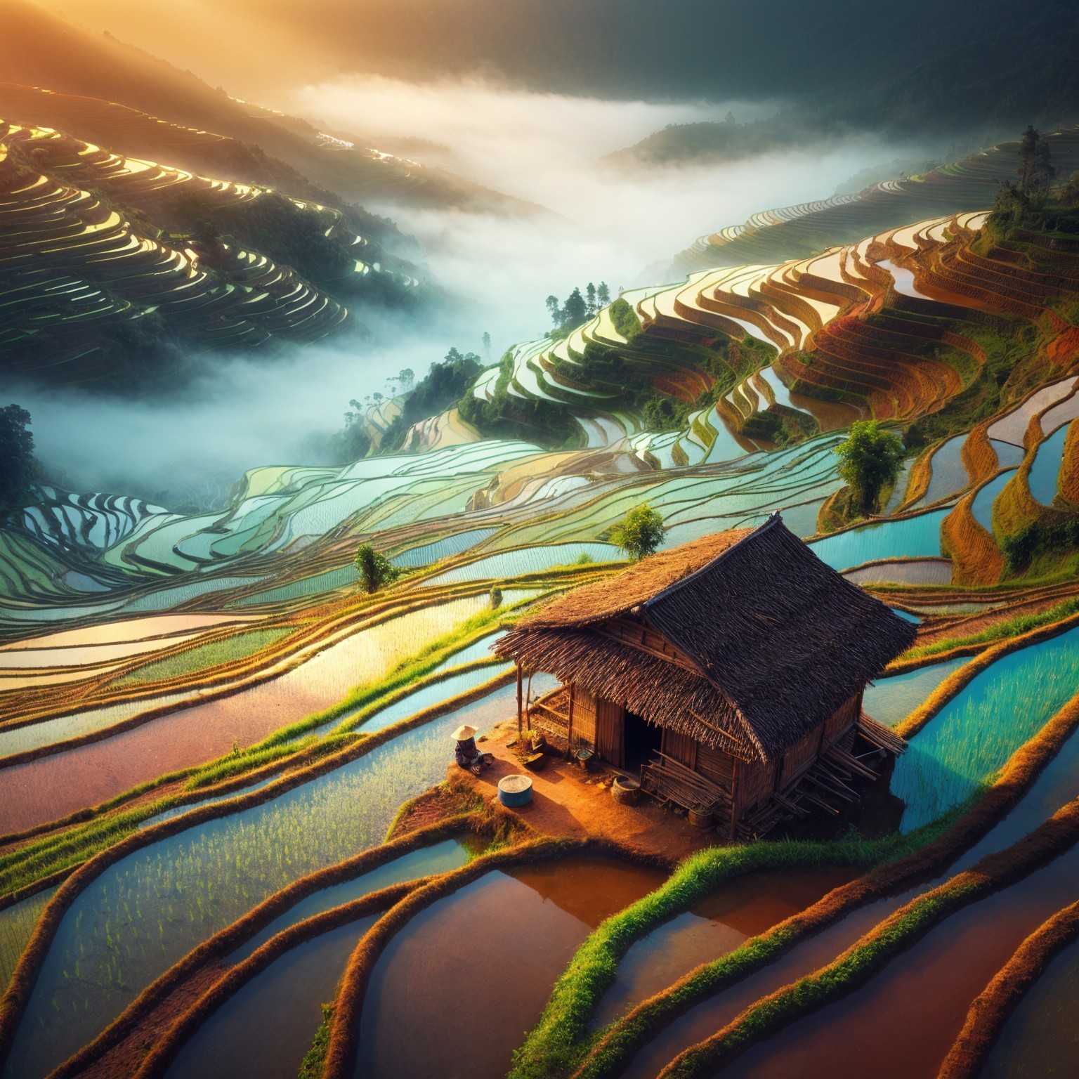 Serene Landscape with Wooden Hut and Rice Fields