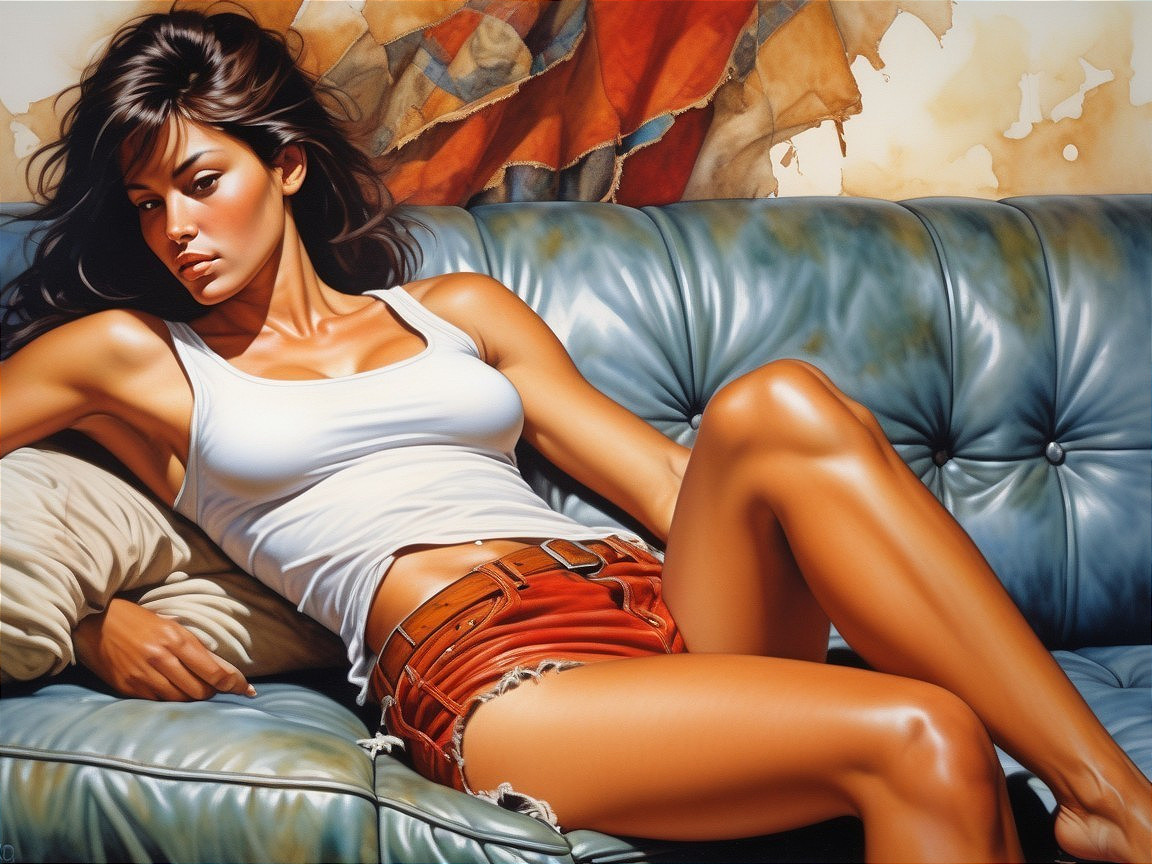 Realistic Oil Painting of Woman on Blue Leather Sofa