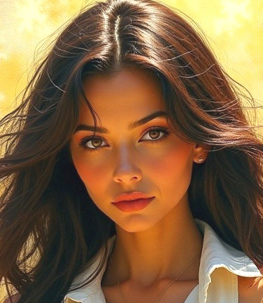 Portrait of a young woman with flowing brown hair