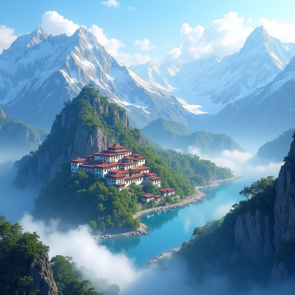 Tranquil Mountain Landscape with Monastery and River