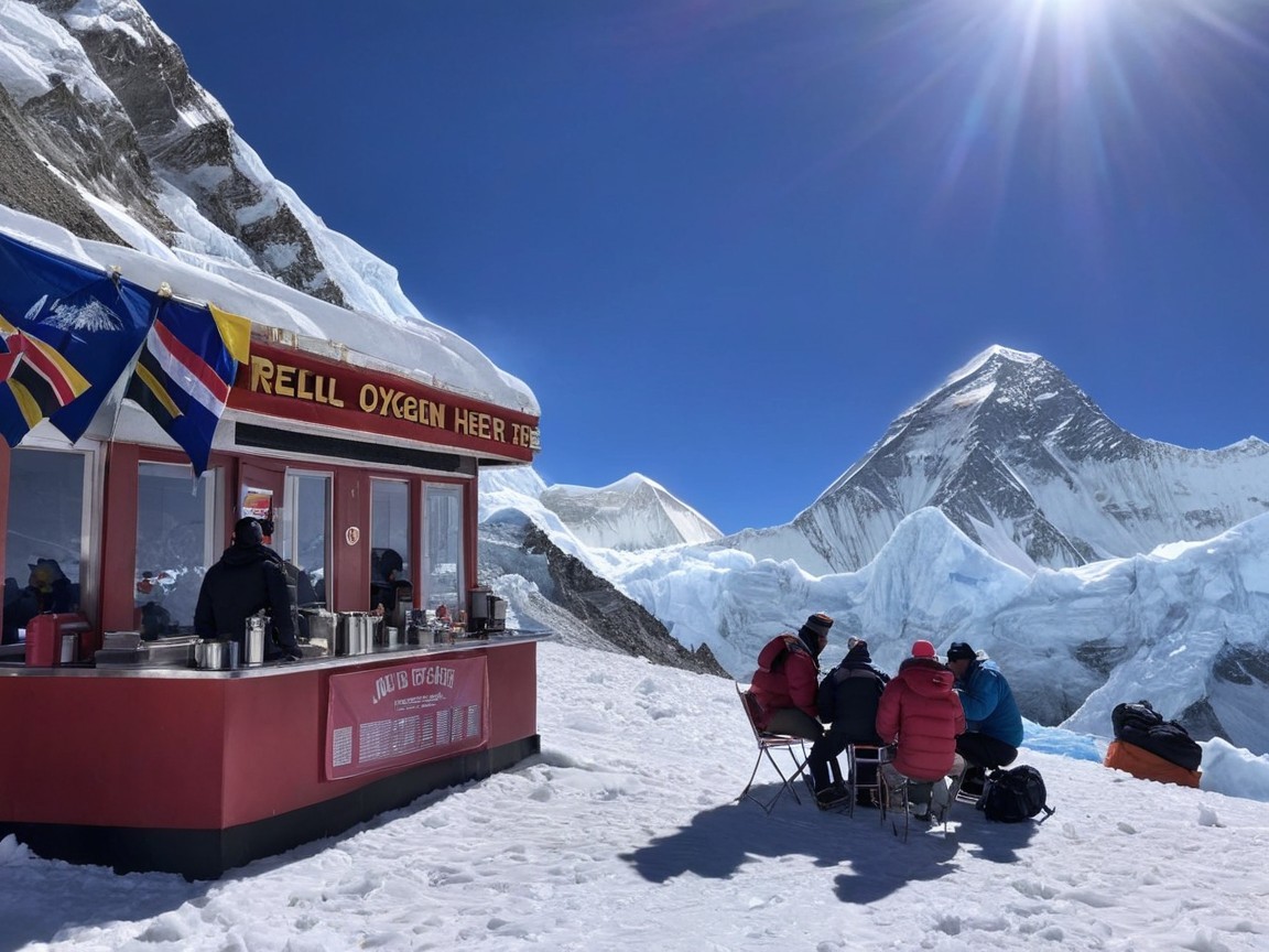 Oxygen Station on Snowy Mountain with Climbers Nearby