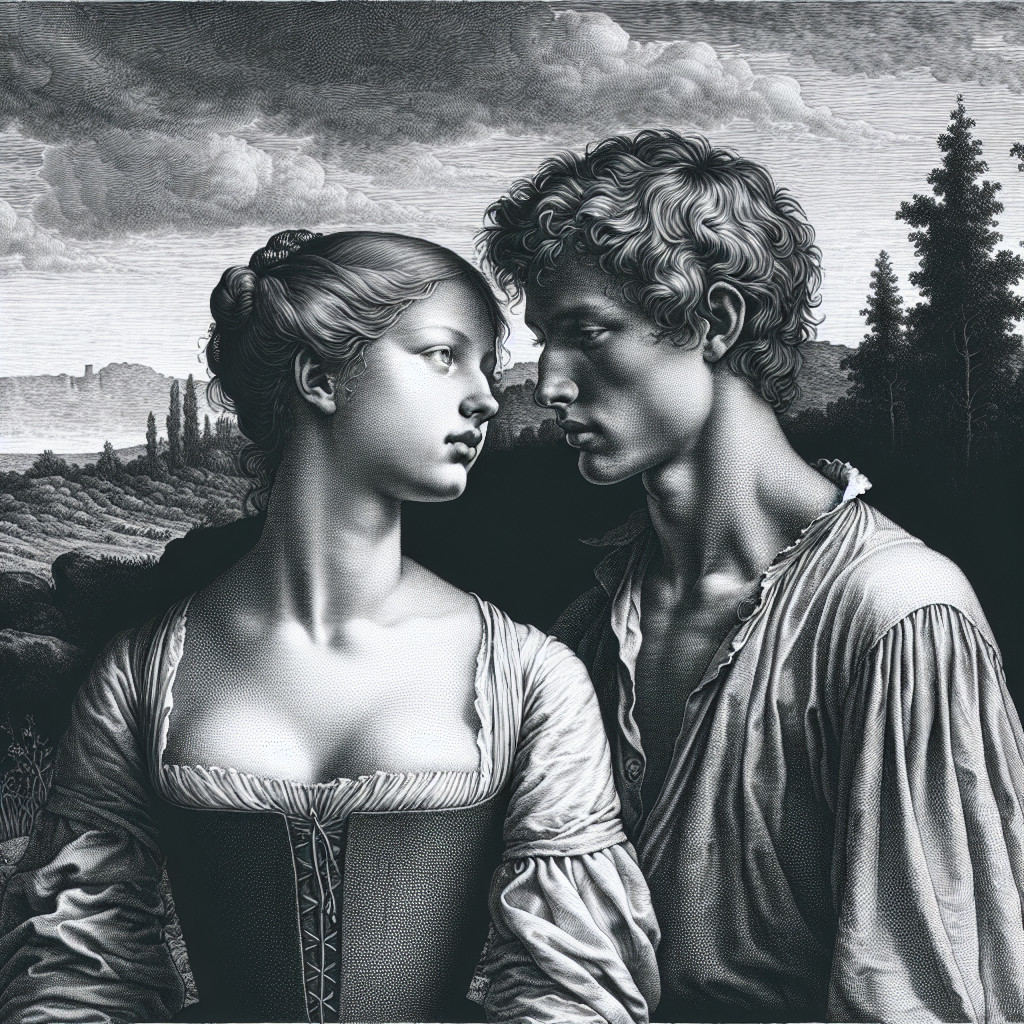 Black and White Artwork of a Young Couple in Nature