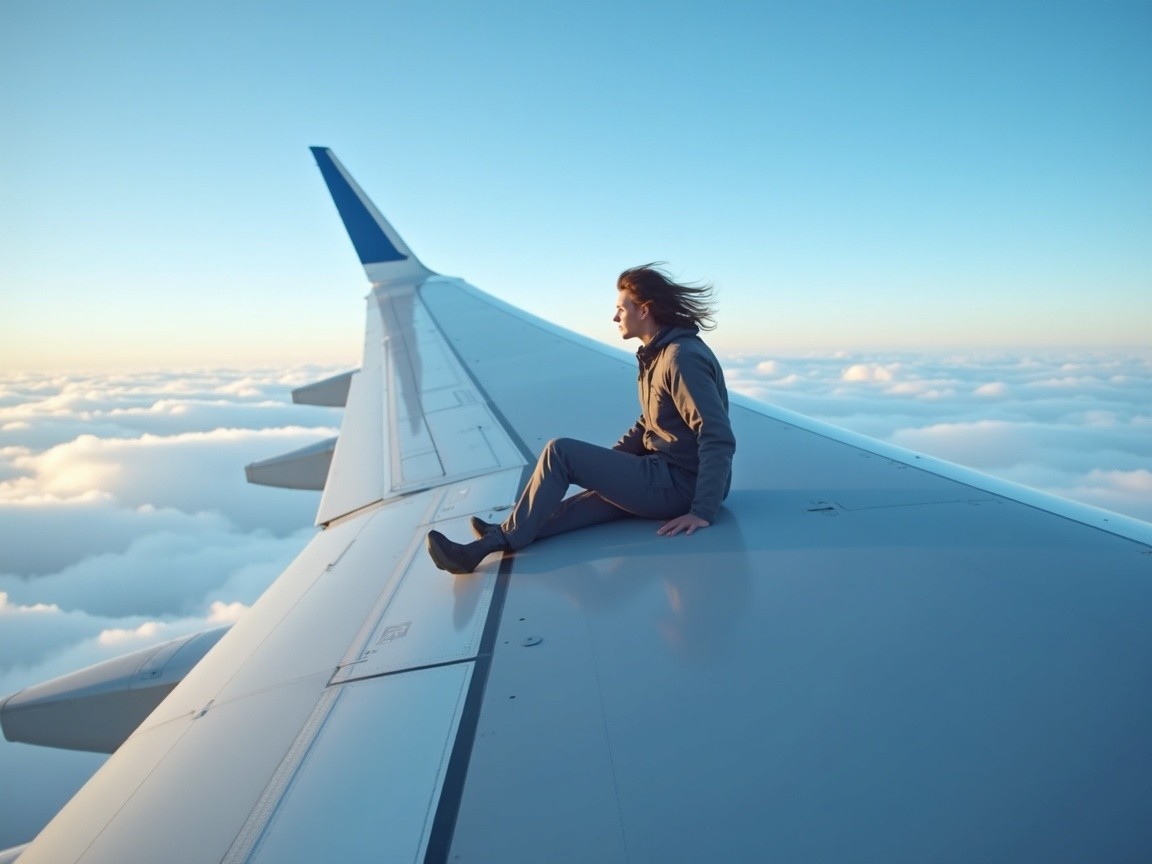 Person on Airplane Wing Above Fluffy Clouds
