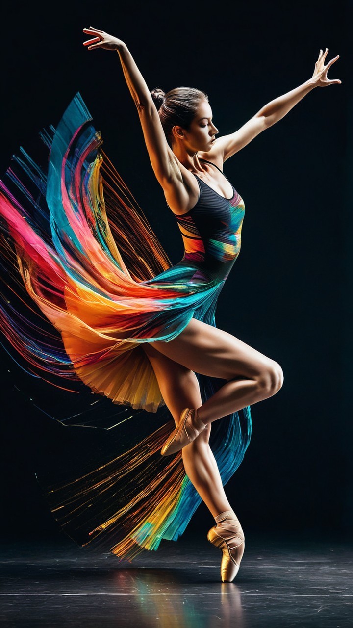 Dynamic Dancer in Vibrant Flowing Dress Against Dark Background