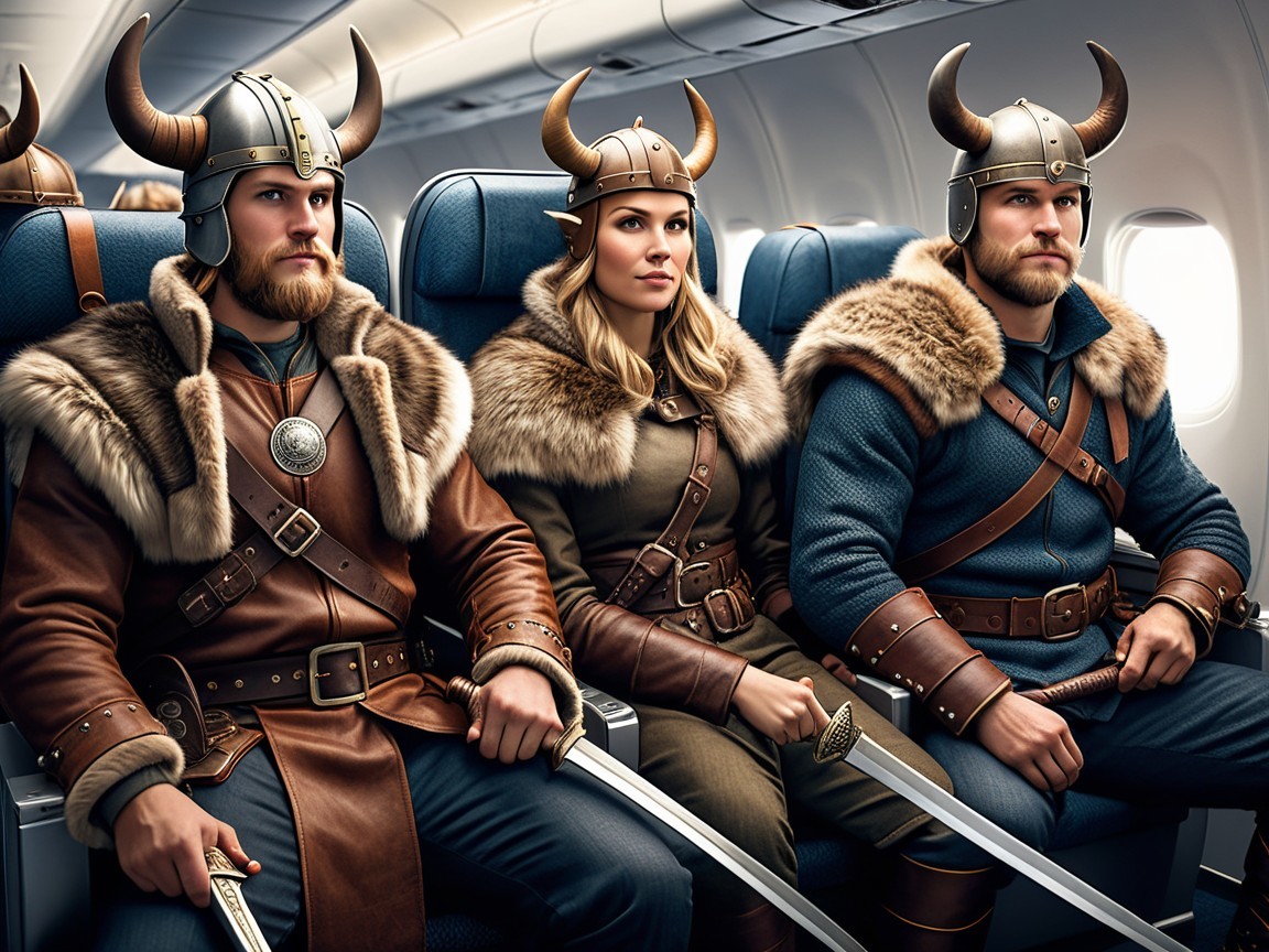 Vikings in Airplane Seats: A Humorous Contrast