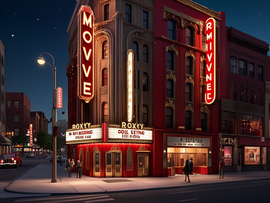 Vintage Movie Theater with Neon Signs and Urban Setting