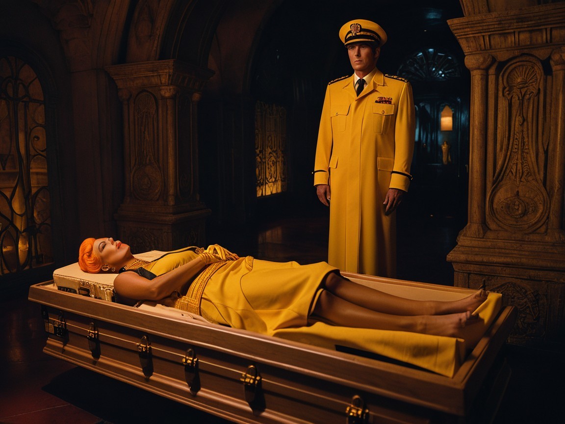 Opulent Room with Yellow Coat and Ornate Coffin
