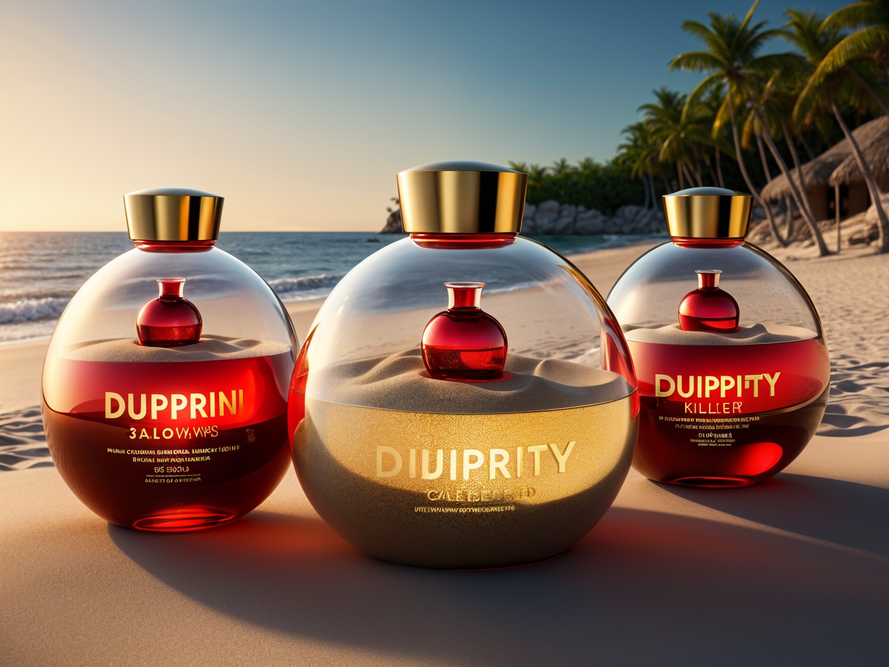 Elegant Fragrance Bottles on a Sandy Beach Setting