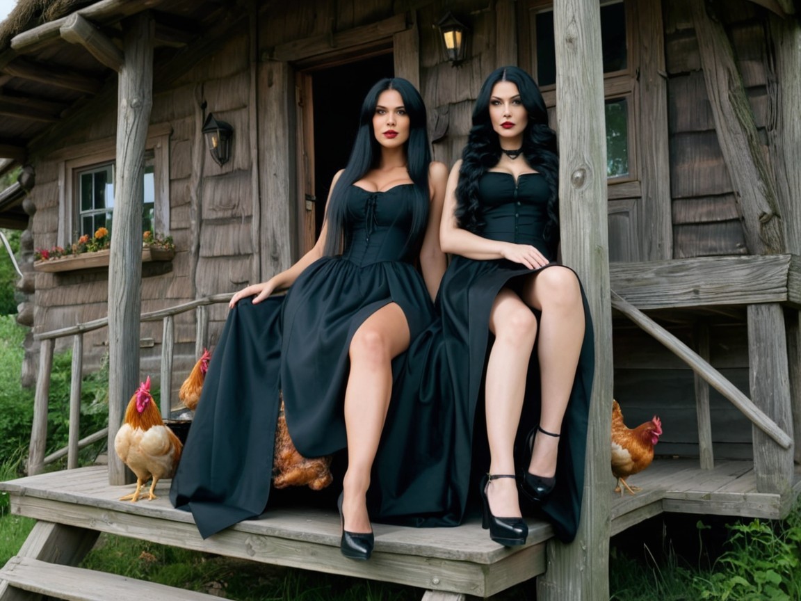 Elegant Women in Black Dresses at Rustic Cabin Steps