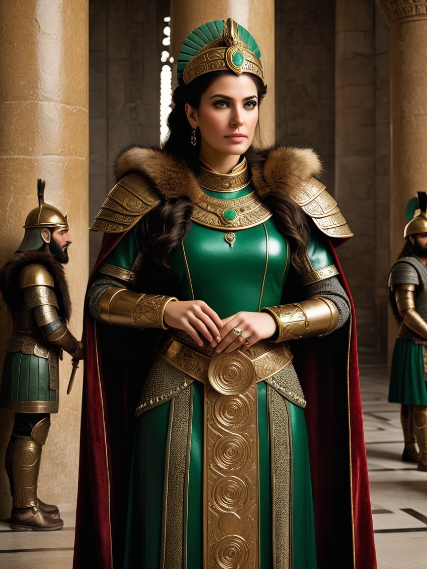 Regal Figure in Emerald Gown with Armored Guards