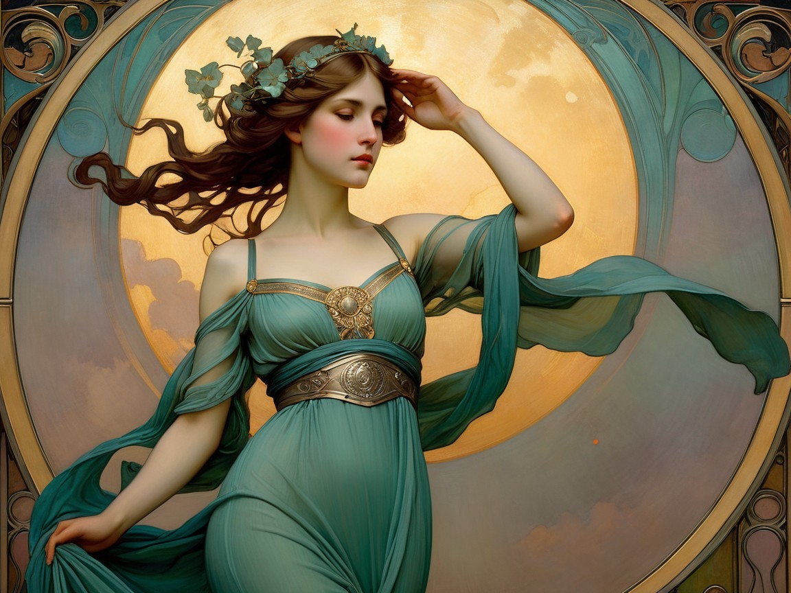 Graceful woman in teal robes with floral crown