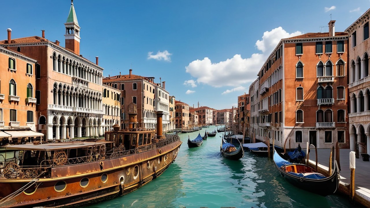 Venetian Canal with Colorful Buildings and Gondolas