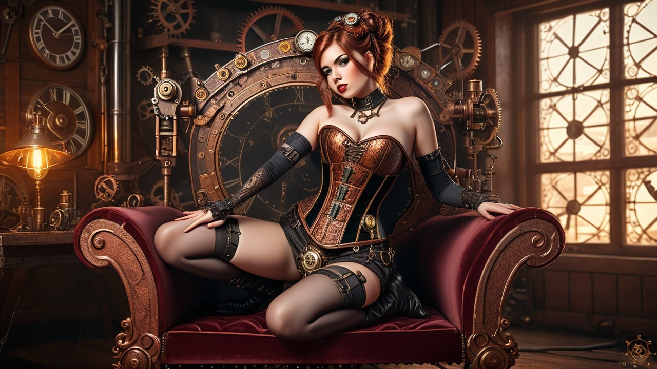 Steampunk Scene with Corset and Vintage Machinery