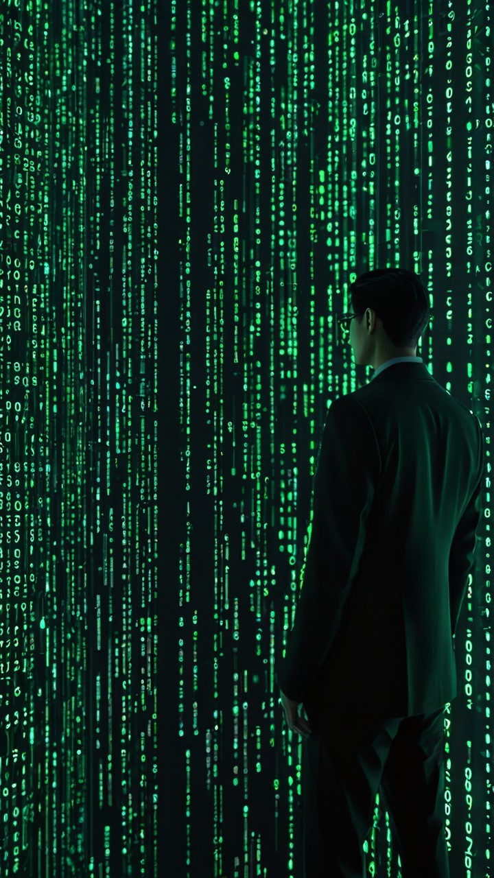 Futuristic Figure Against Green Binary Code Background