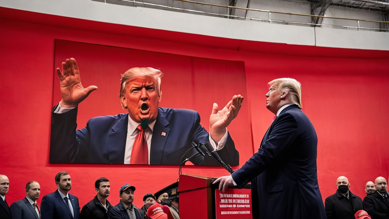 Man at Podium with Audience and Portrait on Red Backdrop