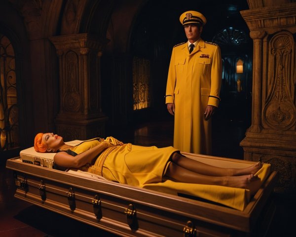Opulent Room with Yellow Coat and Ornate Coffin