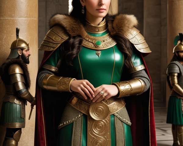 Regal Figure in Emerald Gown with Armored Guards