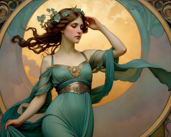 Graceful woman in teal robes with floral crown