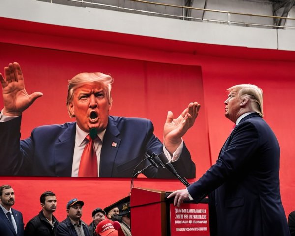Man at Podium with Audience and Portrait on Red Backdrop