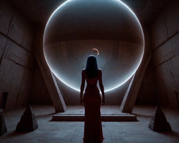 Silhouette of Woman in Red Dress by Glowing Orb