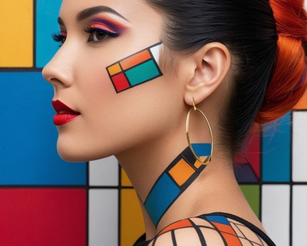 Portrait of a Woman with Geometric Makeup and Body Art