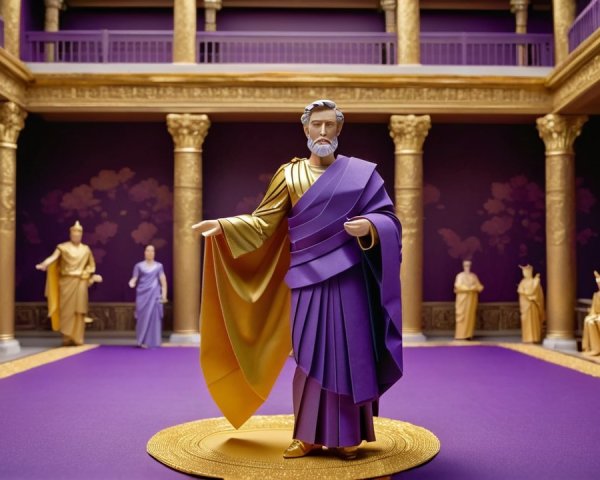 Vibrant Scene with Central Figure in Purple and Gold Robe