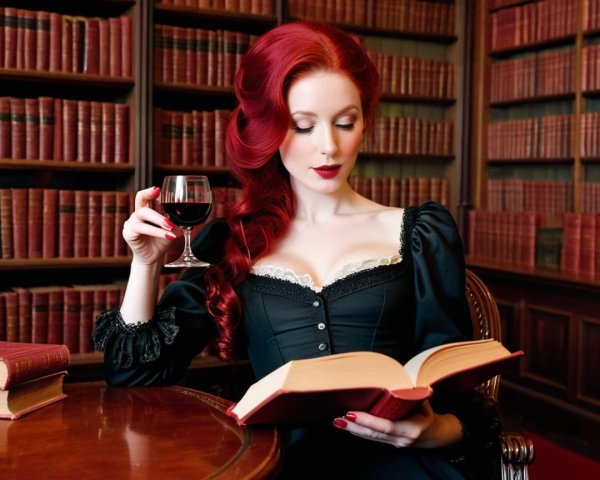 Elegant woman with red hair in vintage library setting
