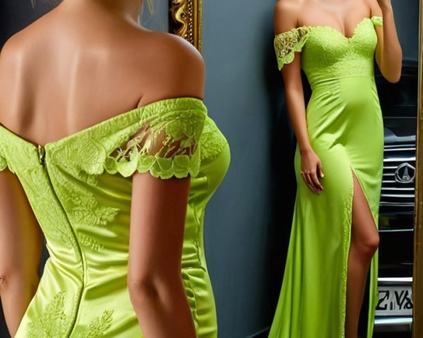 Elegant Woman in Lime Green Evening Gown by Mirror