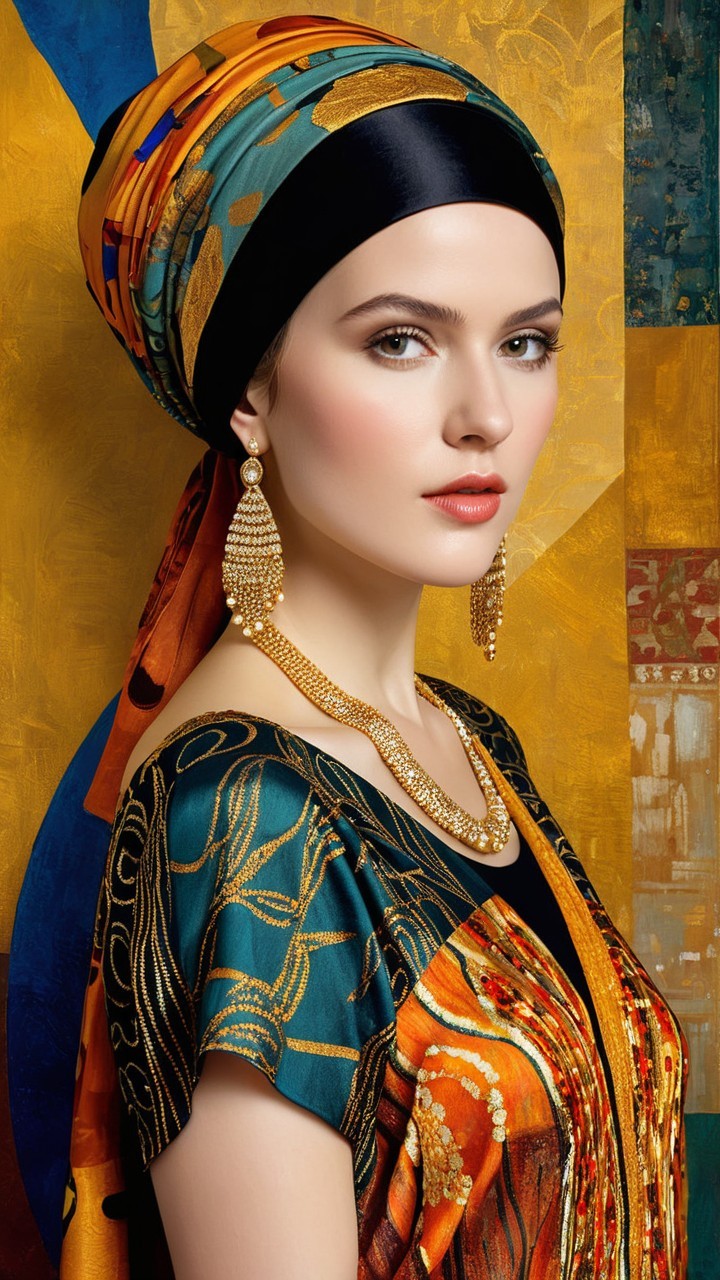 Young woman in colorful attire with headscarf and earrings