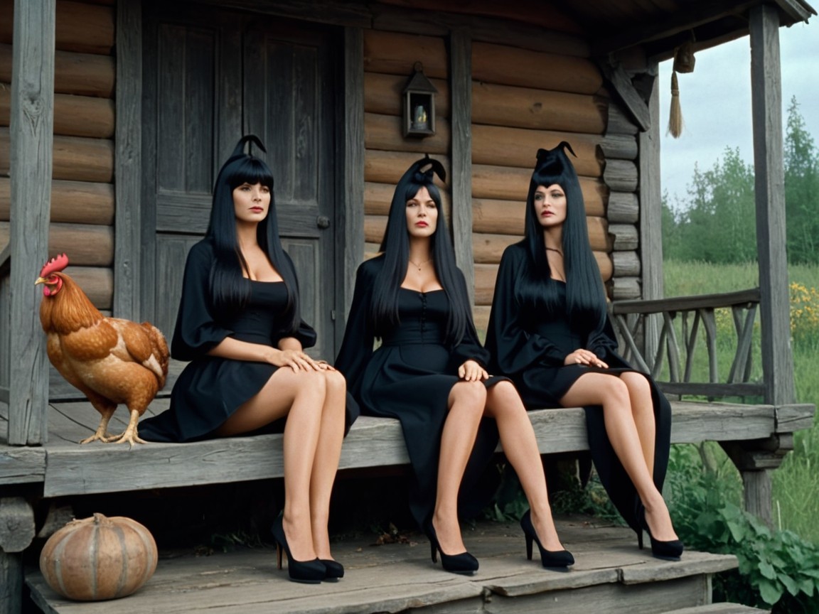 Identical Women in Black Dresses on Rustic Cabin Porch