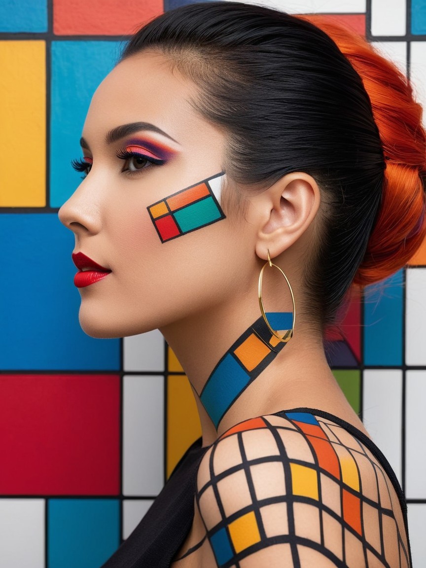 Portrait of a Woman with Geometric Makeup and Body Art