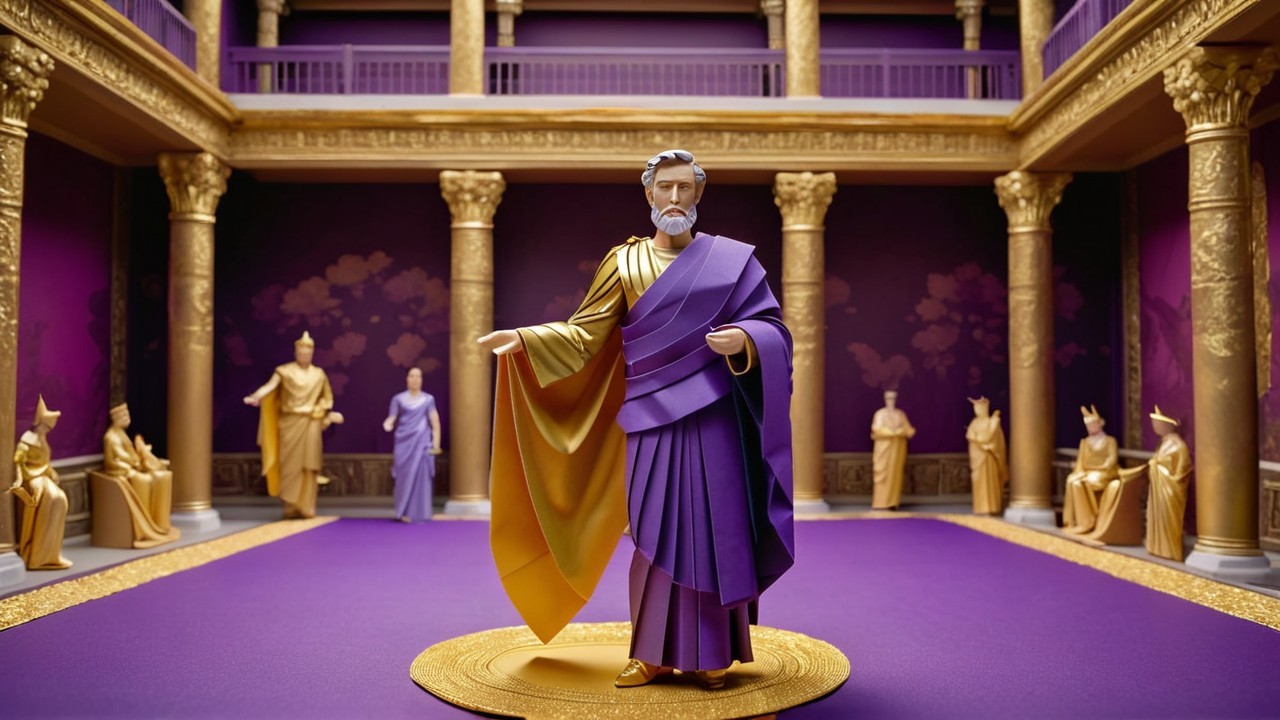 Vibrant Scene with Central Figure in Purple and Gold Robe