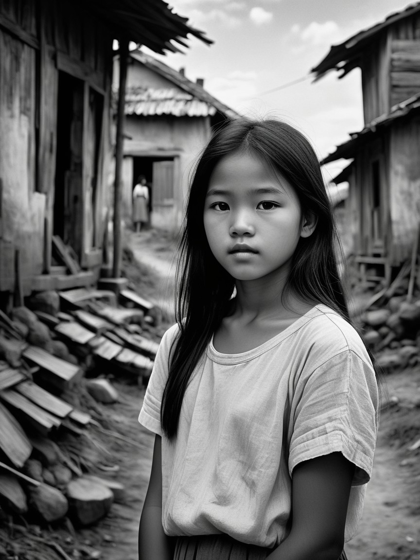 Black-and-white village scene with a thoughtful girl