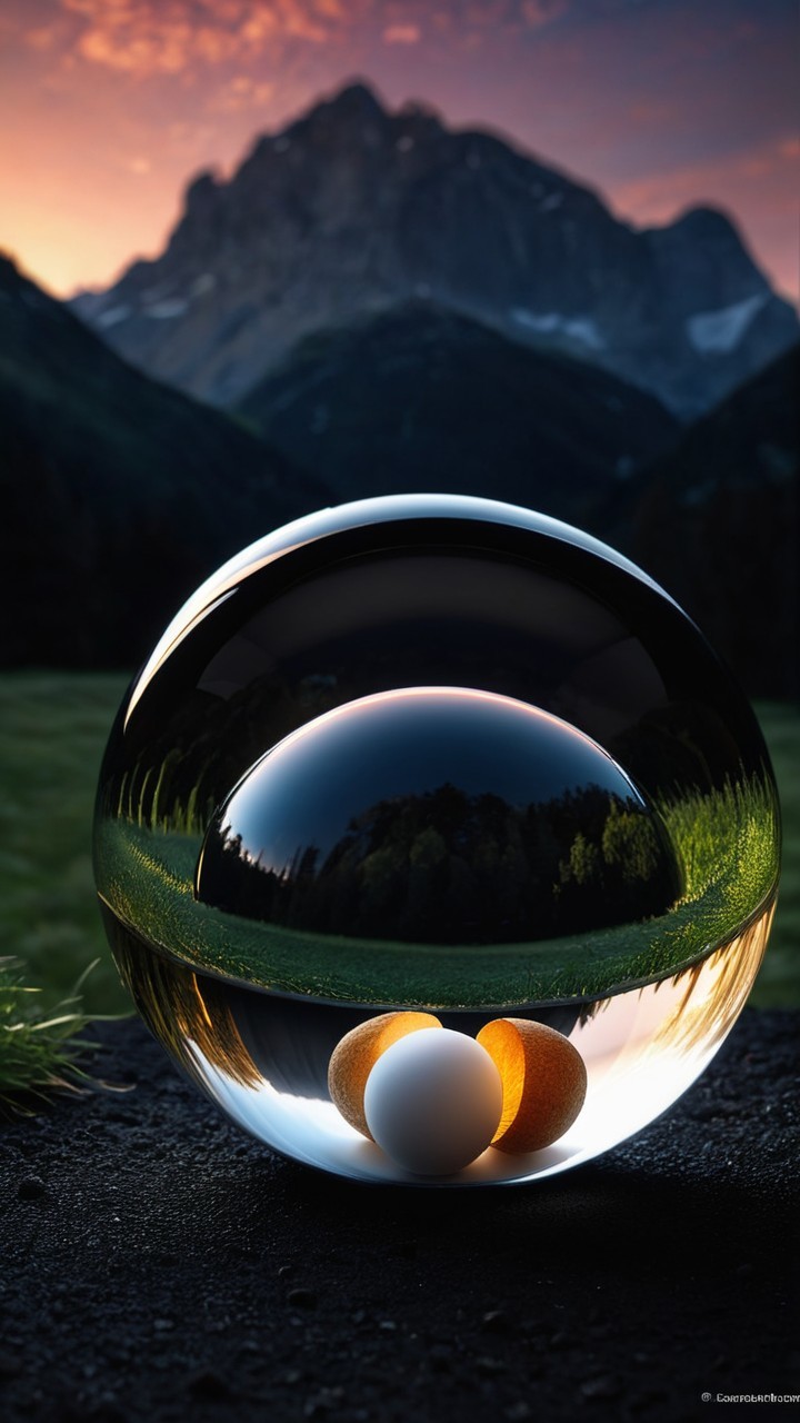 Crystal Sphere with Eggs Reflecting Mountain Sunset