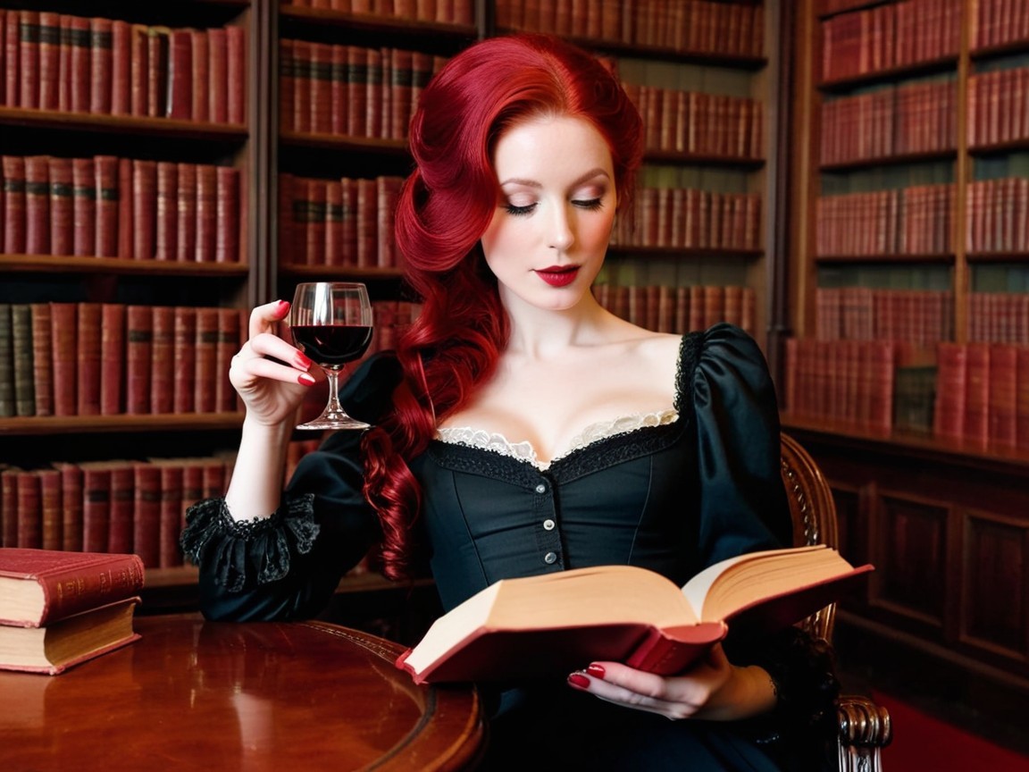 Elegant woman with red hair in vintage library setting