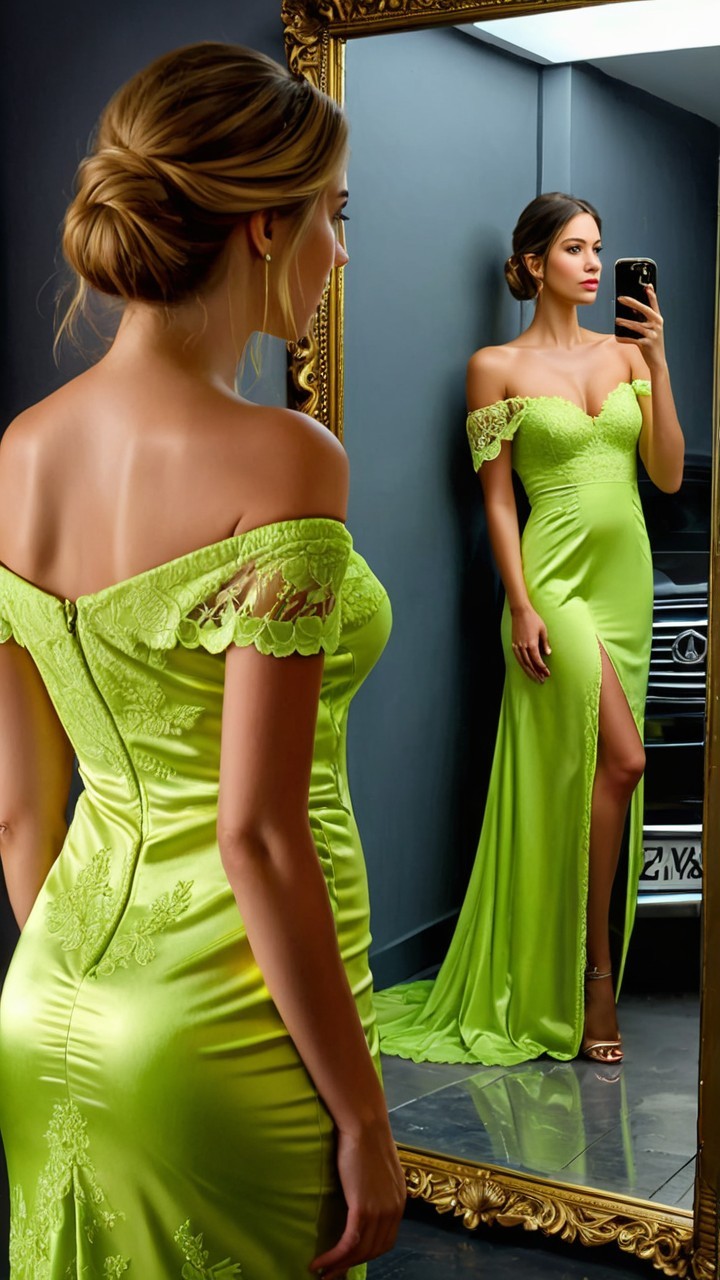 Elegant Woman in Lime Green Evening Gown by Mirror