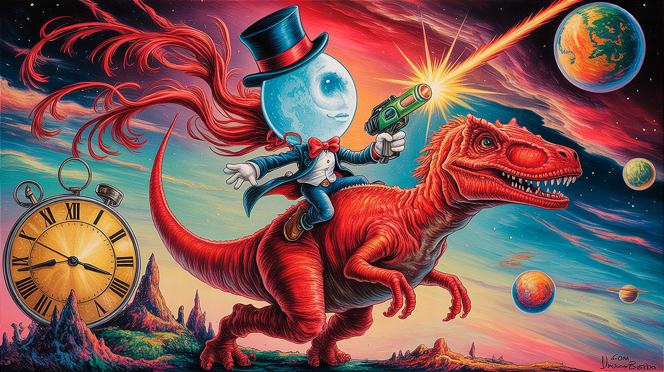Whimsical Moon-Faced Character Riding a Dinosaur