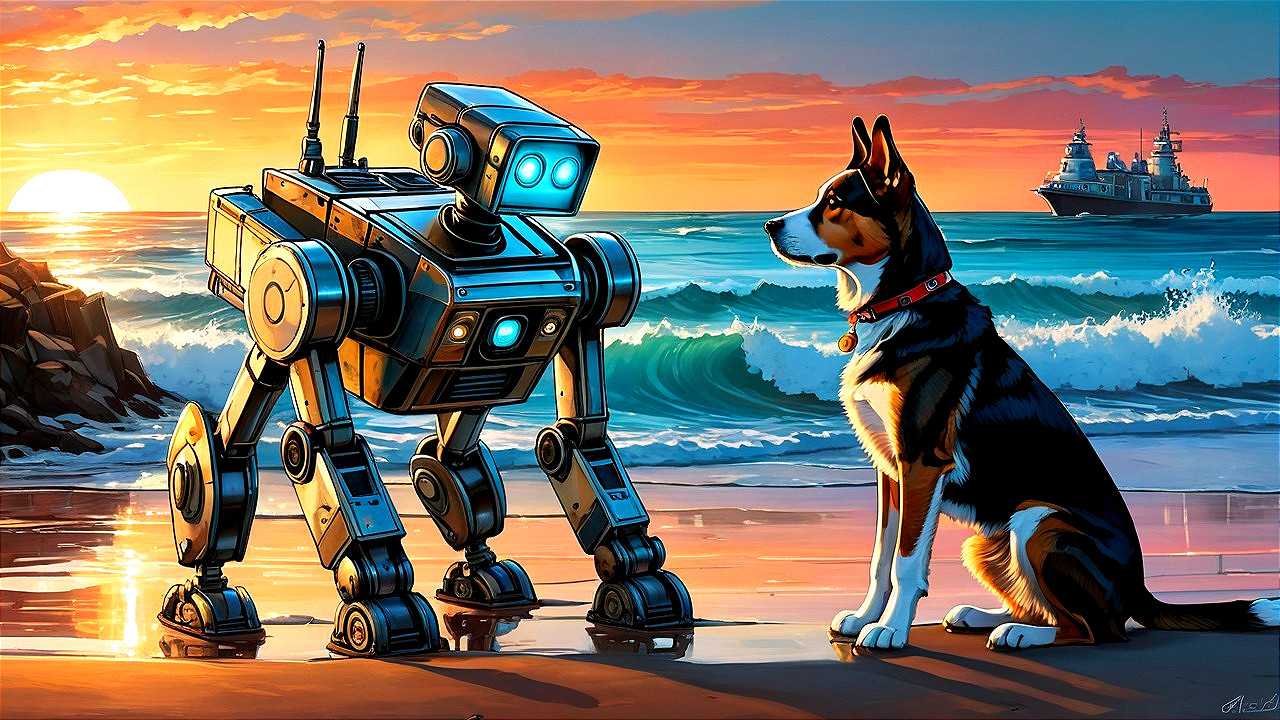 Futuristic Robot Dog on Beach with Animated Canine Companion