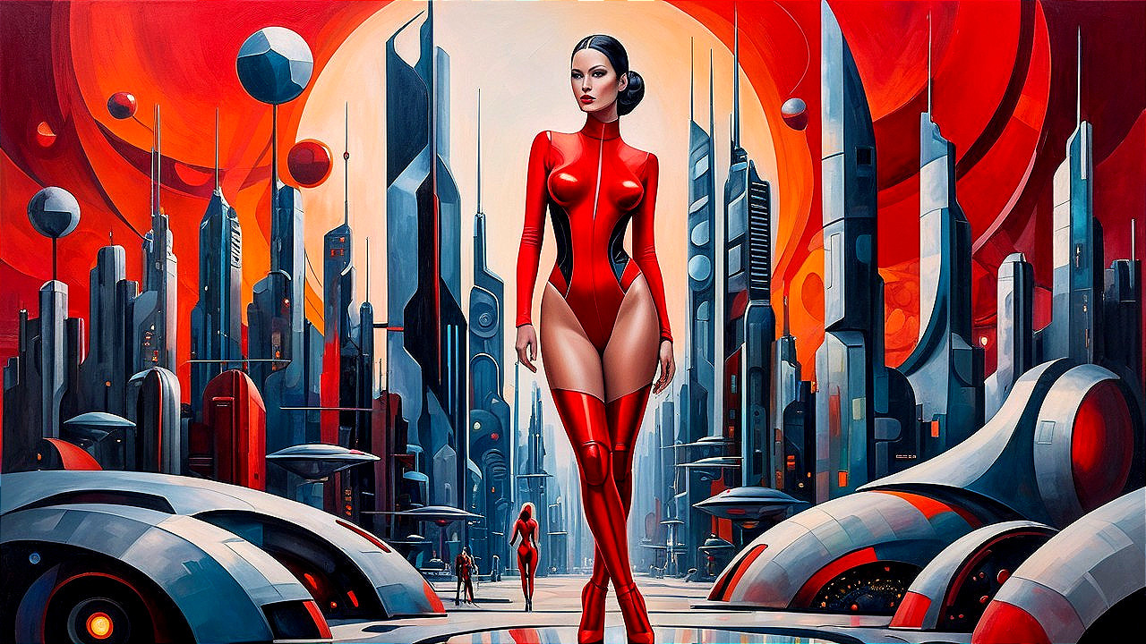 Futuristic cityscape with confident woman in red catsuit